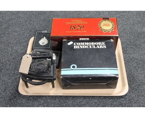A tray of boxed set of Commodore binoculars, boxed Matchbox Model of Yesteryear Passenger Coach and Horses, two Heritage Coll