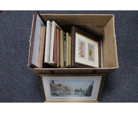 A box of assorted pictures and prints and two WWII era framed silkwork postcards 