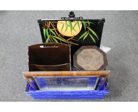 A box of carved plant stand, folding spark guard, hand painted fire screen, wooden mag rack and a serving tray 