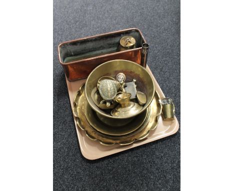 A tray of antique copper trough, brass plates and tray, ornaments etc 