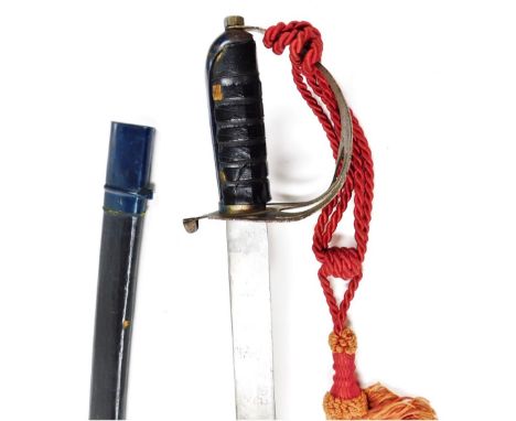 A British Indian light cavalry sword, with a pierced hand guard, later edition of a tassel, in scabbard, 90cm long.