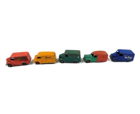 Five Dinky vintage diecast vans, comprising a Bedford Kodak Camera and Films, Trojan Beefy Oxo, Trojan Dunlop The Worlds Mast