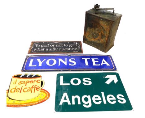 A vintage Lyons Tea enamel sign, 18cm x 68.5cm, and three modern signs, Los Angeles, il Sapore Del Caffe, and ''To Golf Or No