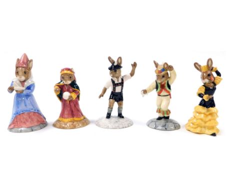 Five Royal Doulton Bunnykins figures, comprising Sundial Bunnykins, DB213, Tyrolean Dancer Bunnykins, signed, DB242, Flamenco