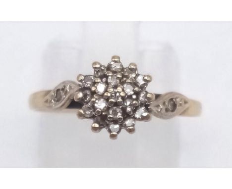 A 9 K yellow gold ring with a diamond cluster (0.15 carats). Ring size: L, weight: 1.5 g. 