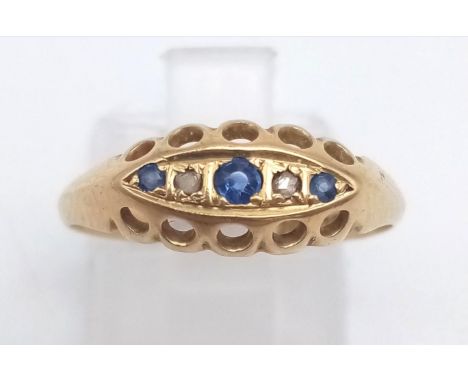 A vintage, 18 K yellow gold, ring with blue sapphires and diamonds. Ring size: O, weight: 2.05 grams 