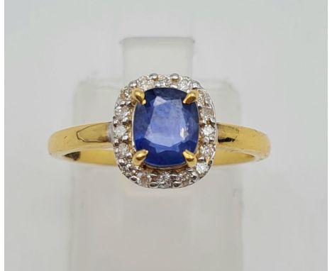 1.10ct Blue Sapphire Ring Sri Lanka, Heat Only with 0.16ct Diamonds. Size M 