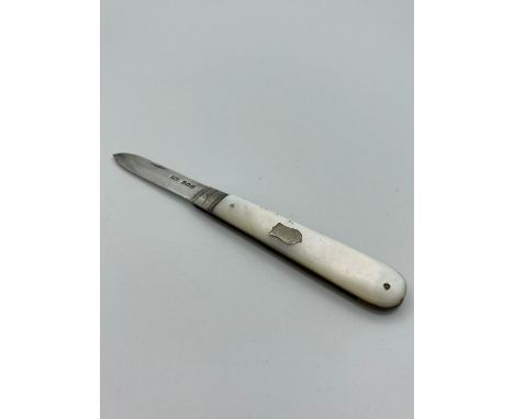 Antique SILVER bladed FRUIT KNIFE  with mother of pearl handle and clear hallmark for Villiers and Jackson Birmingham 1924. E
