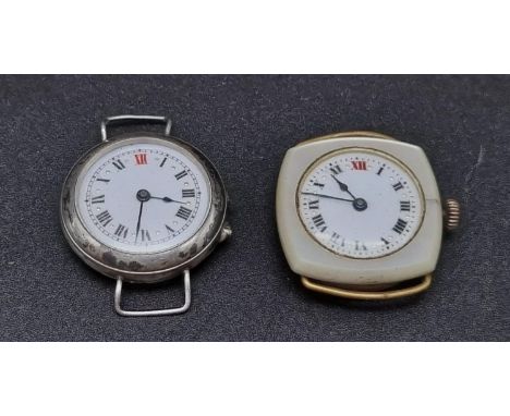 Two Vintage Trench Watches. One, mother of pearl case. No straps and A/F. Cases - 28mm. 