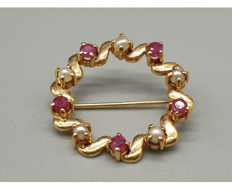 A 14K Yellow Gold Seed Pearl and Ruby Brooch. 3.9g 