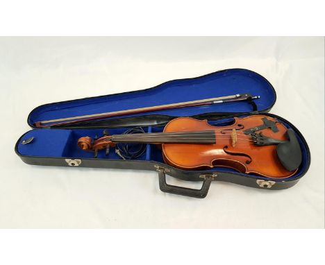 A Vintage Aubert and Mirecourt Violin. Comes in original case with bow. Attachment for amplifier. 60 cm length.As found. 