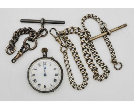 An Antique Miniature Silver-Cased Pocket Watch with Two Silver Fob Chains. Fob 1 - 30cm - 27g. Fob 2 - 8cm -16.3g. Pocket wat