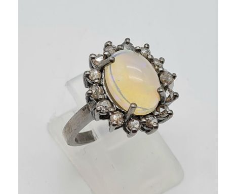 Ethiopian Opal and Diamond Surround 925 Silver Ring. Size N/O 