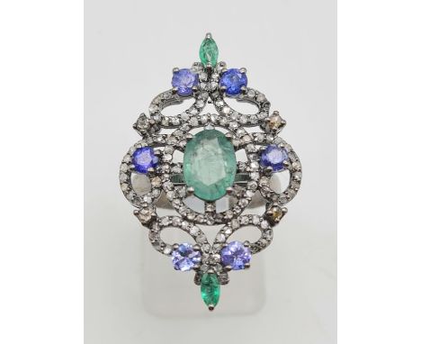 Tanzanite Emerald and Diamond Ring 925 Silver with 1.75ct Natural Zambian Emerald and 0.70ct of Diamonds. Size L/M 