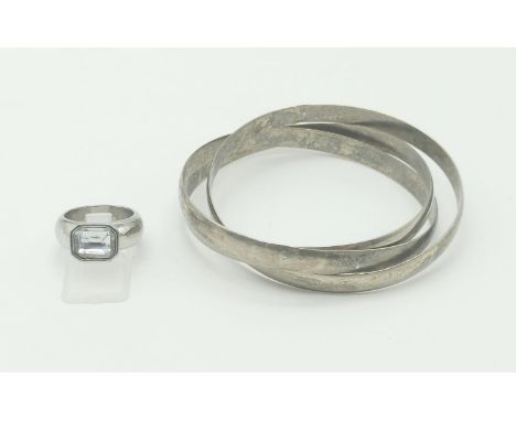 A White Metal tested silver Three-Ring Bangle and a Chunky White Centre Stone Ring - Size P. 