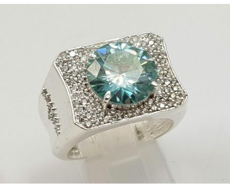 5.5ct Blue Moissanite Ring in 925 Silver with White stone accents. Size U. 12.75g 