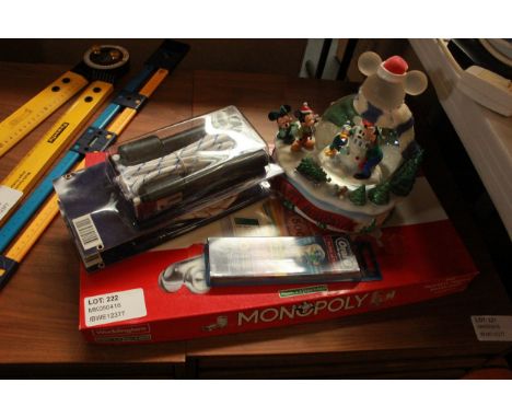 MONOPOLY GAME, TWO NEW SKIPPING ROPES, ORAL-B TOOTH BRUSH HEADS, AND DISNEY FESTIVE SNOW GLOBE / GRADE: UNCLAIMED PROPERTY (D