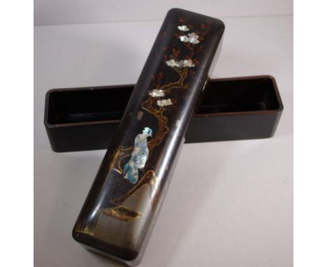 Early Japanese lacquer ware box with mother of pearl Geisha and blossom inlay decoration, 32cm X8cm approx (silver mount miss