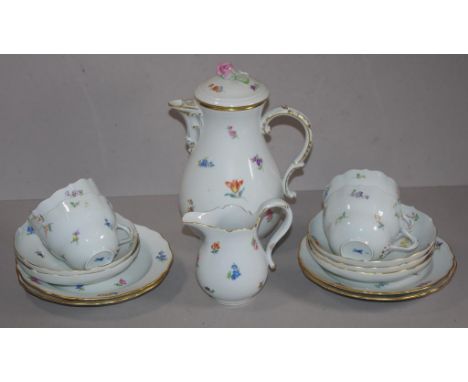 Part Meissen floral sprig coffee set comprising 4 cups, 5 saucers, 4 plates, coffee pot & creamer, as inspected
