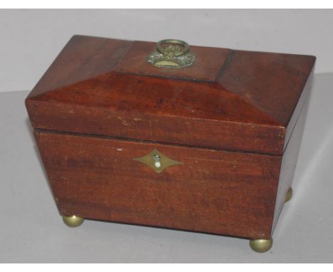 Georgian sarcophagus tea caddy with brass fittings on four ball feet ,W20cm X D12cm X H14cm approx