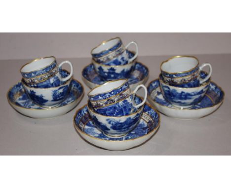 Four Chinese export blue and white "pagoda" trios to include four each coffee cups, tea cups and saucers.(one cup has minor c