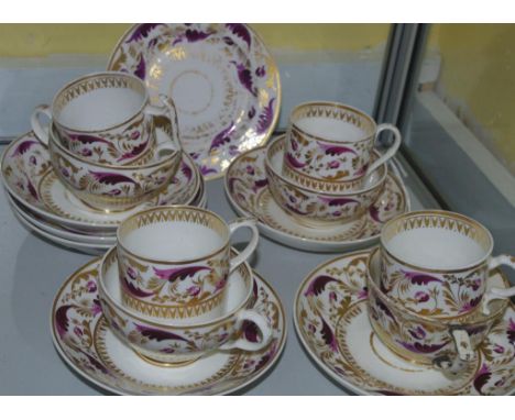 Early 19th century part teaset in puce & gold to include; 4 each teacups & coffee cups and six saucers, C:1820 (some faults)