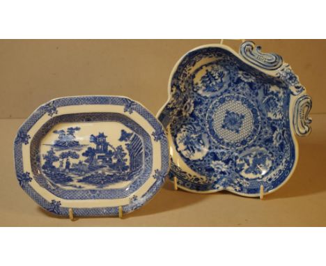 Spode 'Net' pattern shaped shaped bowl circa 1820s together with a small Spode blue & white rectangular dish