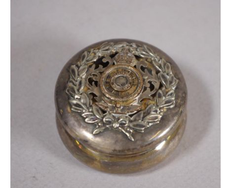 Antique Elkington The Royal Automobile Club box silver plated with pierced lid bearing emblem for the club, 5cm diameter