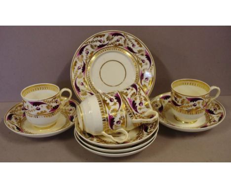 Four Bloor Derby cups & saucers in puce & gilt, 1820-1840, as inspected
