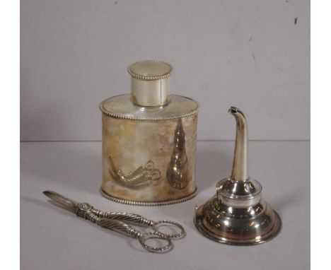 Antique silver plated tea caddy, wine funnel and grape scissors