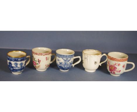 Five antique Chinese porcelain coffee cups 2 blue and white, and 3 with blossom decoration. H7cm approx each.