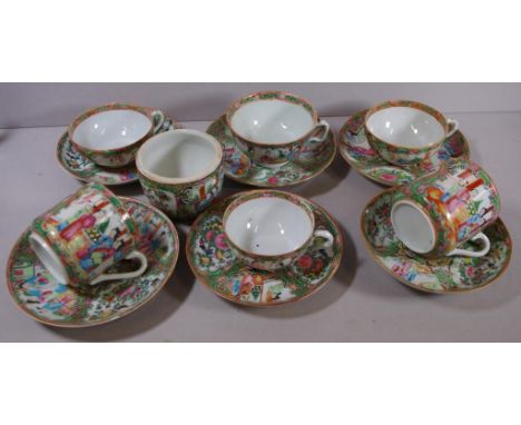 Six various Chinese Famille Rose tea cups & saucers & a small bowl (lid missing)