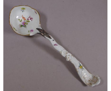Mid 18th century porcelain ladle in the Chelsea style, with HMSS restoration mount, marked for 1757, maker Paul Crespin; with