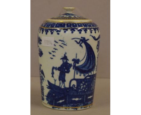 Late 18th century Caughley blue & white tea caddy fisherman pattern, 12cm high approx.