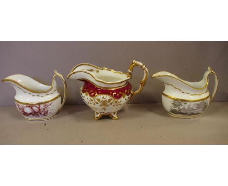 Three Spode creamer jugs two bat printed, one jug has crack, 12cm high (tallest) approx.