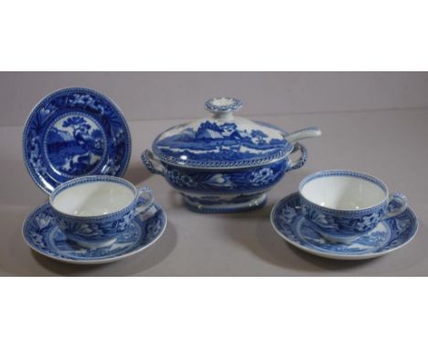 Wedgwood 'Fallow Deer' sauce tureen, two cups & saucers & a biscuit plate, circa 1920