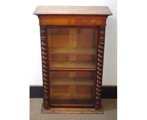 Victorian walnut display cabinet with barley spiral twist columns, 1 shelf missing, 58cm wide, 27cm deep, 89.5cm high