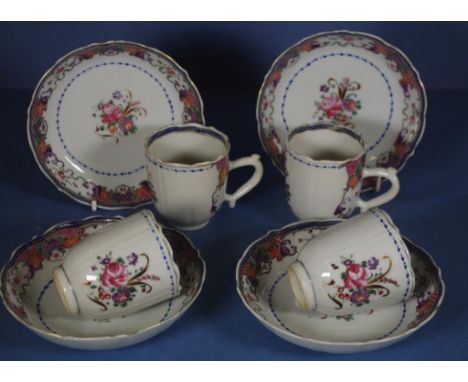 4 late C18th Chinese export Coffee cups & sauces each with polychrome floral decoration with gilt highlights. D13cm approx ea