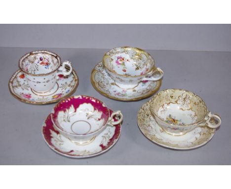 Four various antique floral cups & saucers including Ridgway & Spode