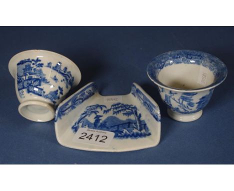 Spode blue & white asparagus server together with two small blue & white pearlware bowls (chips)