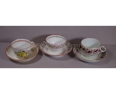 Three various early English tea cups & saucers to include 2 various handled tea cups & saucers & one  tea bowl & saucer.
