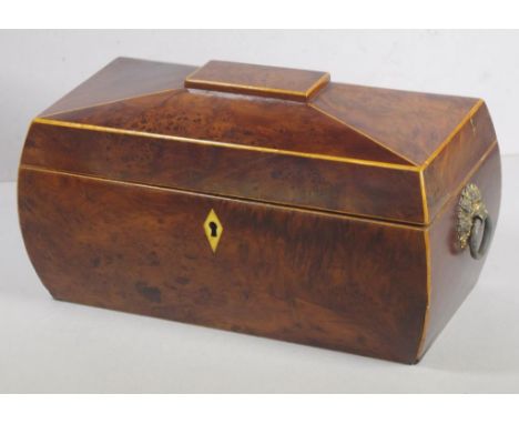 Good Georgian tea caddy with internal two box and centre mixing bowl fittings (blue glass bowl fitted later), brass side hand