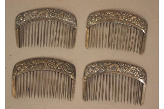 Four Antique Chinese Silver Hair Combs With Dragon Design To