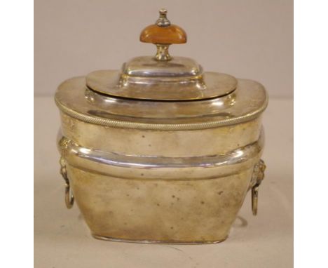 Georgian style silver plated tea caddy with lion mask handles to sides, 12cm high