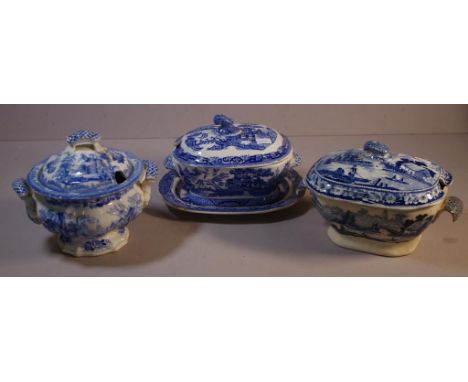 Three assorted blue & white transfer sauce tureens one with under tray & ladle