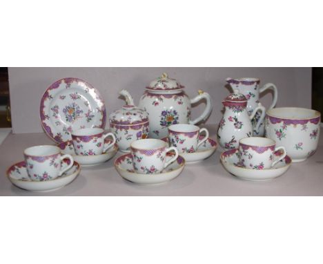 Late C18th Chinese export part teaset painted with floral sprigs, C: 1790, comprising of 5 each cups and saucers,1 plate, 1 l