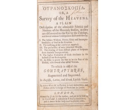 Astronomy.- Wittie (Robert) Ouranoskopia [graece]. Or, a Survey of the Heavens. A Plain description of the admirable Fabrick 