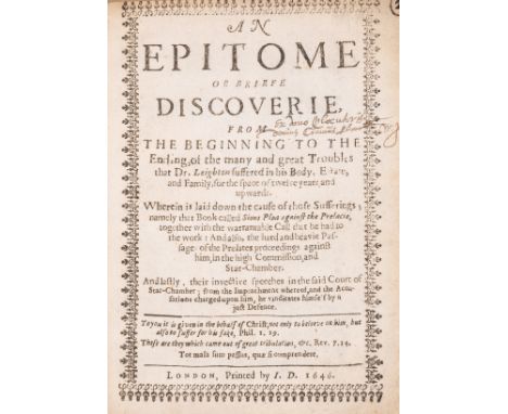 Leighton (Alexander) An Epitome or Briefe Discoverie, from the Beginning to the Ending, of the many and great Troubles that D