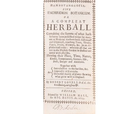 Botany.- Lovell (Robert) Pambotanolgia sive [graece] Enchirdion Botanicum or, a Compleat Herball, first edition, ownership in