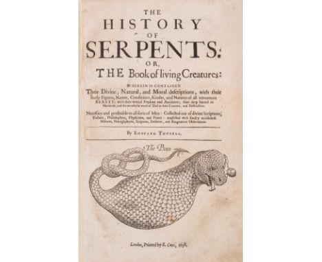 Reptiles.- Topsell (Edward) The History of Serpents, woodcut title vignette of a child being swallowed by a boa, woodcut illu